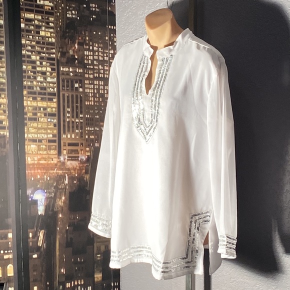 ANTTHONY - tunic overlay: white semi-sheer l/s w silver sequin hem accents - L - Picture 5 of 16